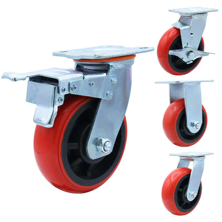 Load 250kg 4 Inch 5 Inch 6 Inch 8 Inch Red Top Plate Pu Swivel Heavy Duty Caster Wheel Industrial